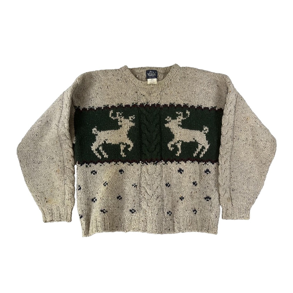 Woolrich Sweater Mens XL Beige Reindeer Christmas Wool Knit Crew Neck Pullover